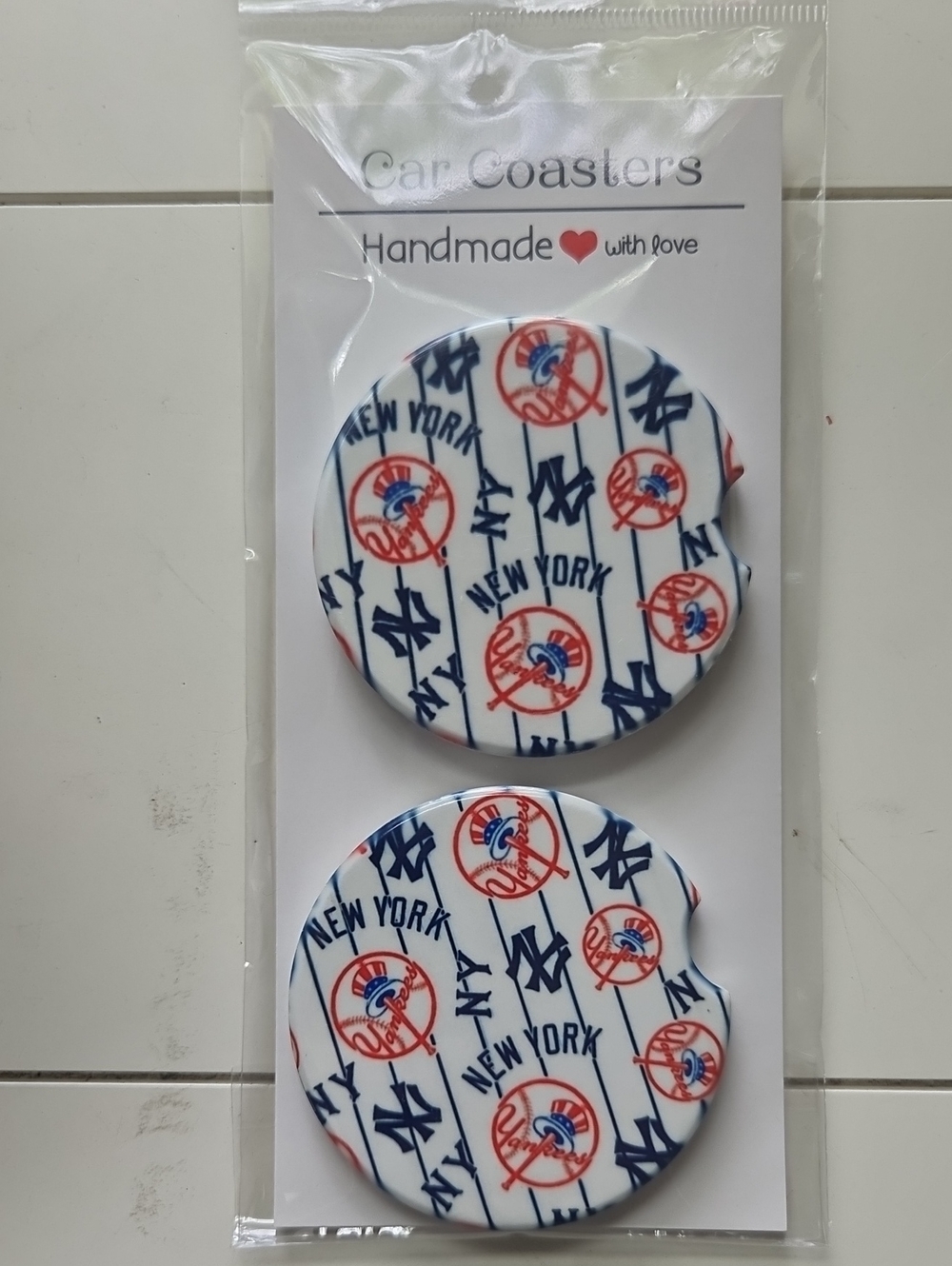 Handmade New York Baseball Logo Car Coasters - White/Navy/Red